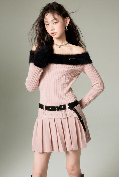 nu118 One-shoulder lapel sweater + double belt skirt