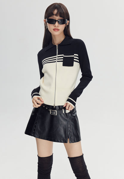 nu138 Contrasting color double zip sweater