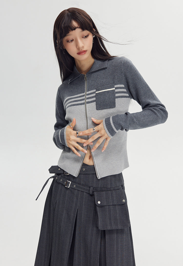 nu138 Contrasting color double zip sweater