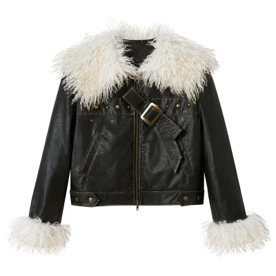 nu83 Fur Lapel Black Leather Jacket