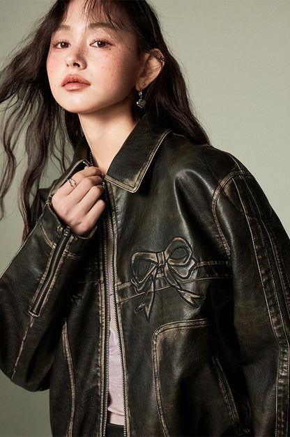 nu76 Bowknot Retro Leather Jacket