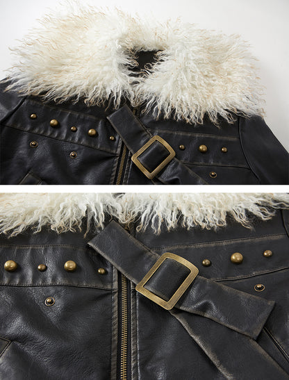 nu83 Fur Lapel Black Leather Jacket