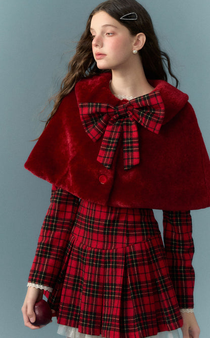 nu284 Christmas bow red lace patchwork plaid dress