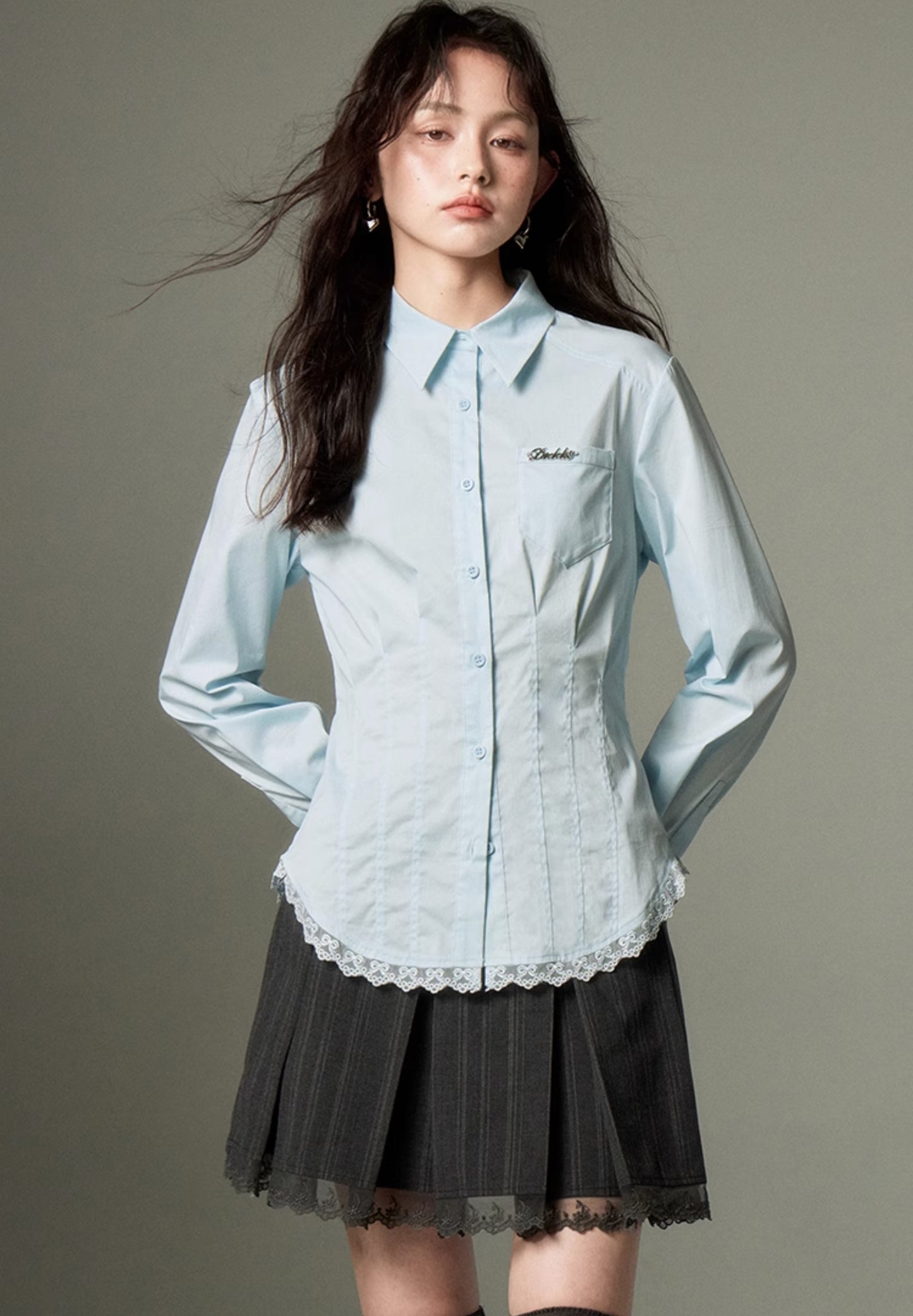 nu105 College style lace long-sleeved shirt