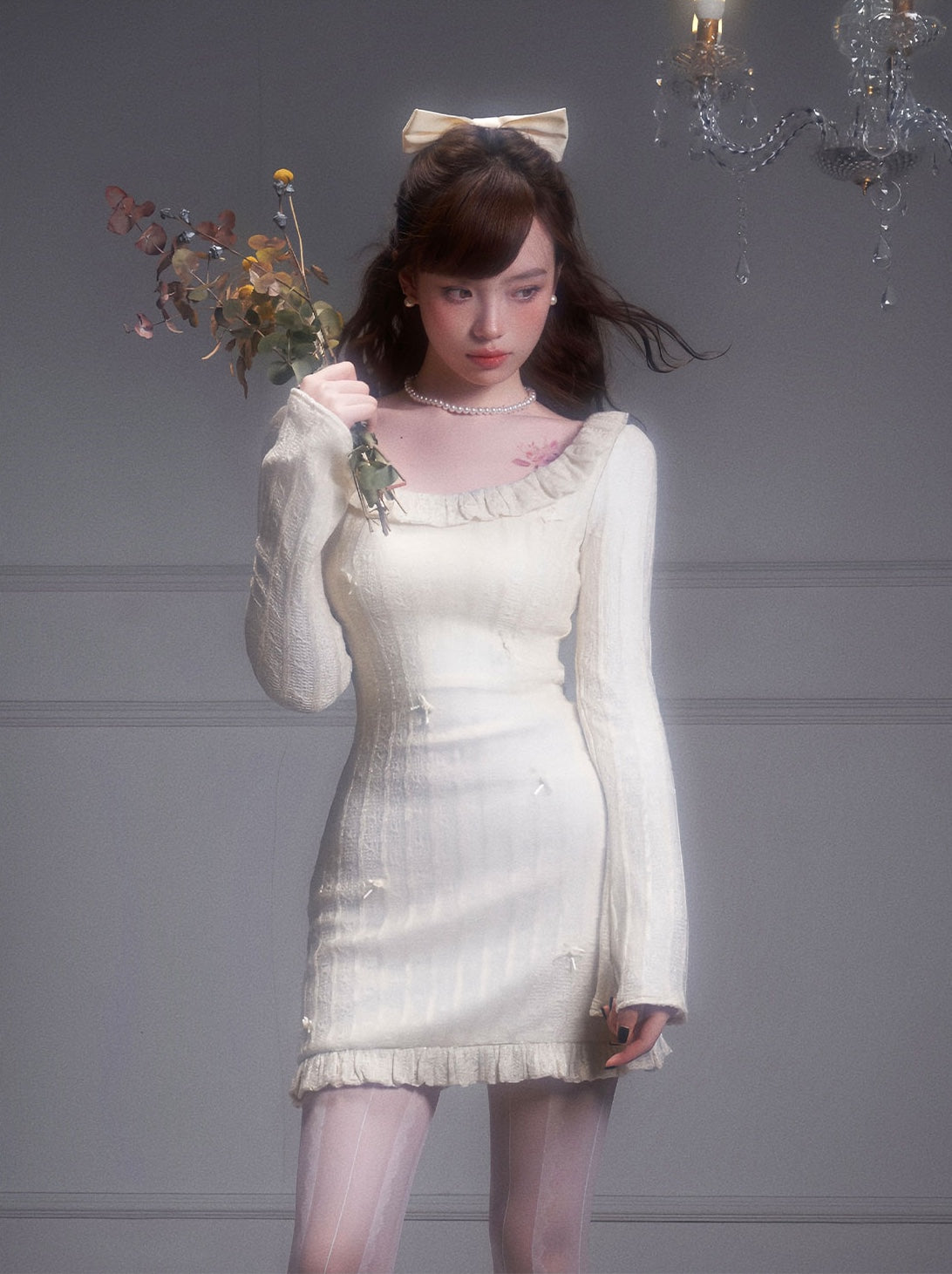 nu308 Bow knot clavicle base warm knitted dress