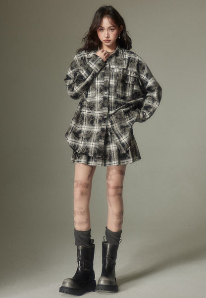 nu107 Maillard contrasting plaid shirt / Pleated skirt