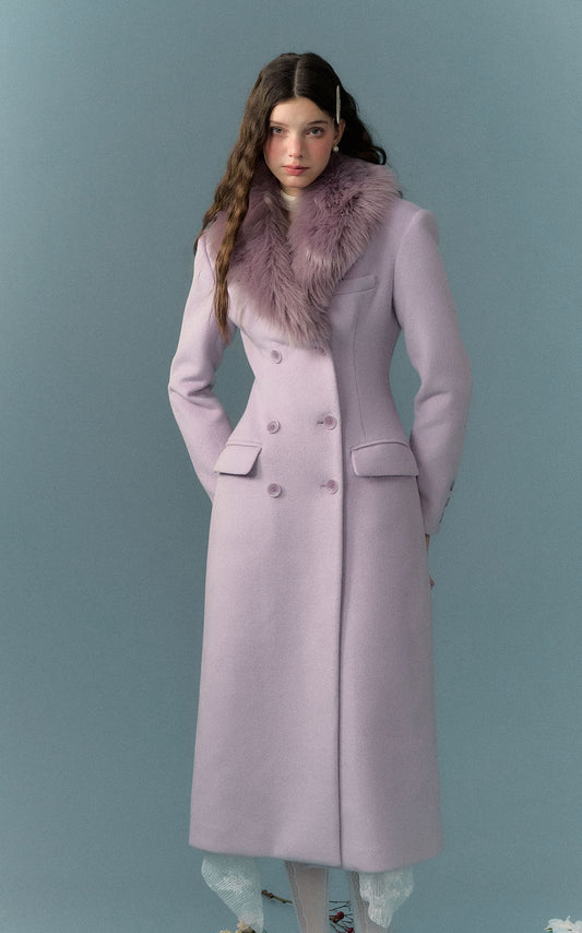 nu293 Taro milk purple double-breasted fur collar woolen coat