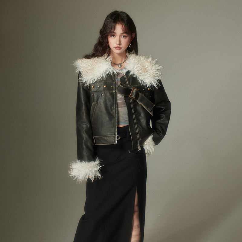 nu83 Fur Lapel Black Leather Jacket