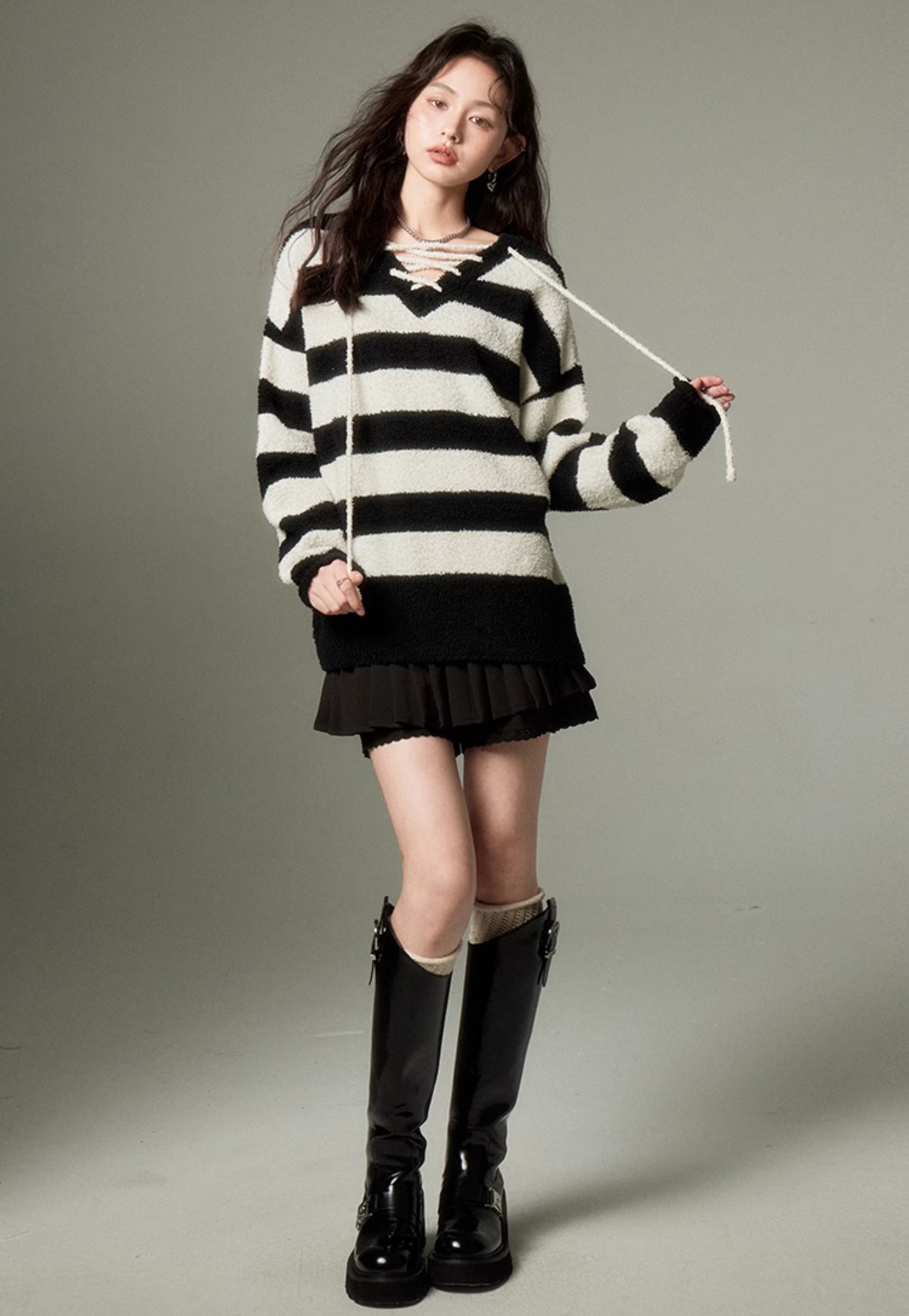 nu142 Striped strap knitted pullover