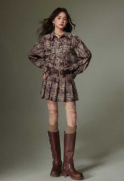 nu107 Maillard contrasting plaid shirt / Pleated skirt