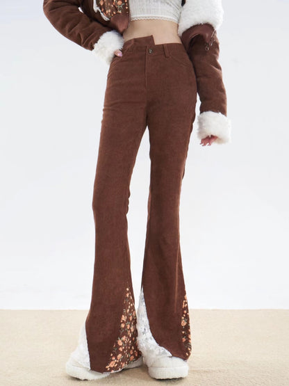 nu282 Corduroy floral patchwork fur coat / slimming bell bottoms