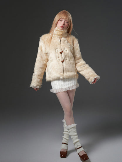 nu280 Gradient beige lace detachable fur jacket