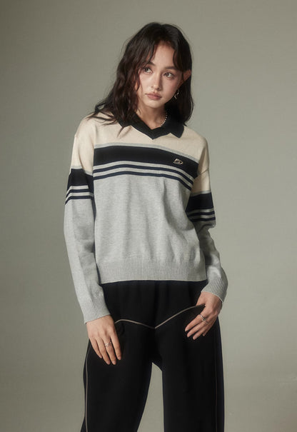 nu143 Polo collar retro striped sweater