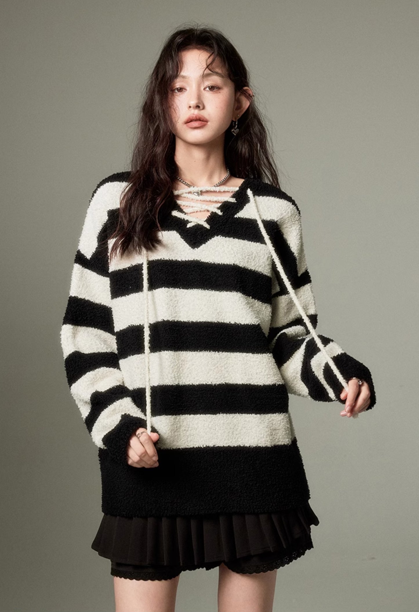 nu142 Striped strap knitted pullover