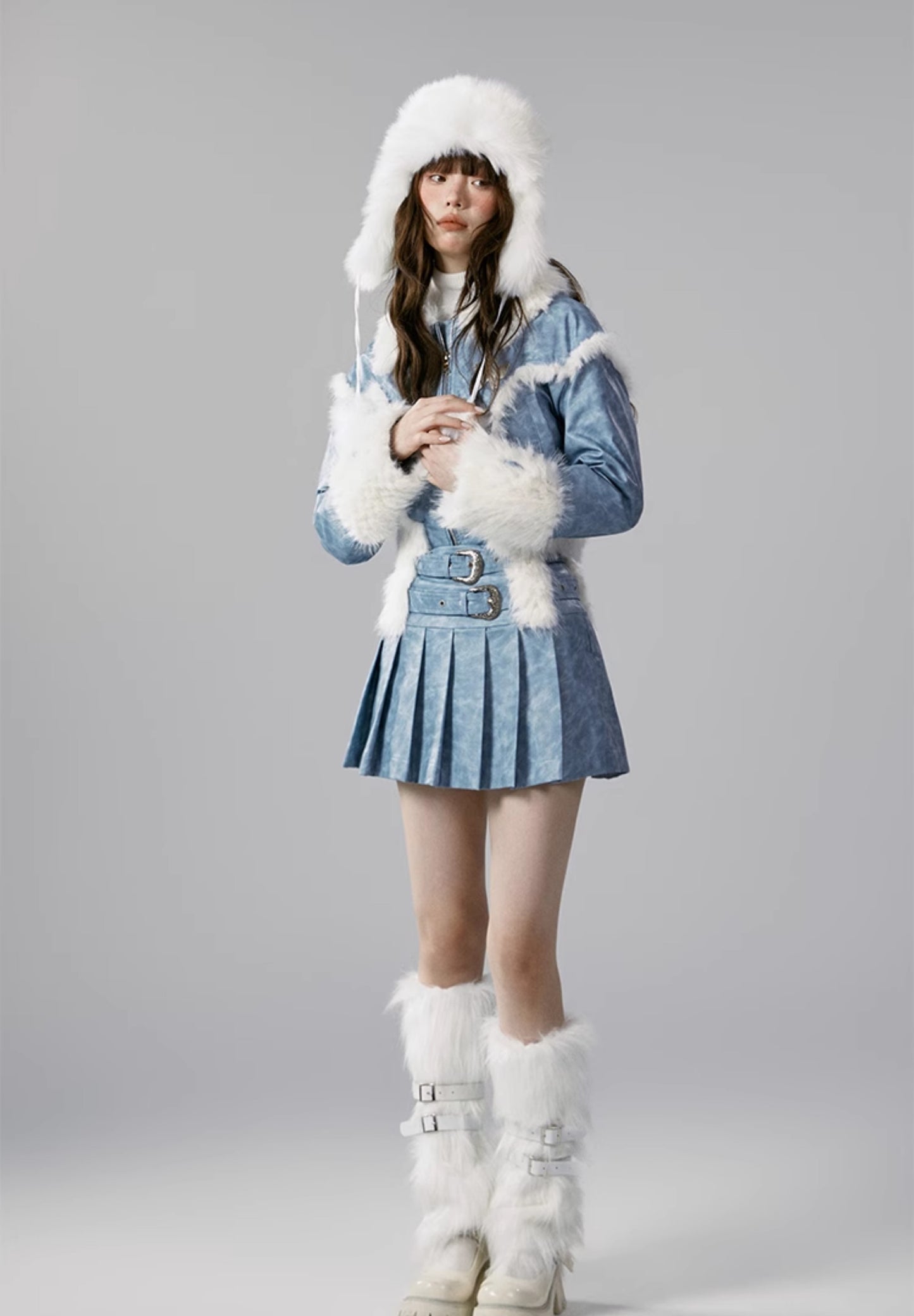 nu339 New style retro blue short coat + skirt two-piece set