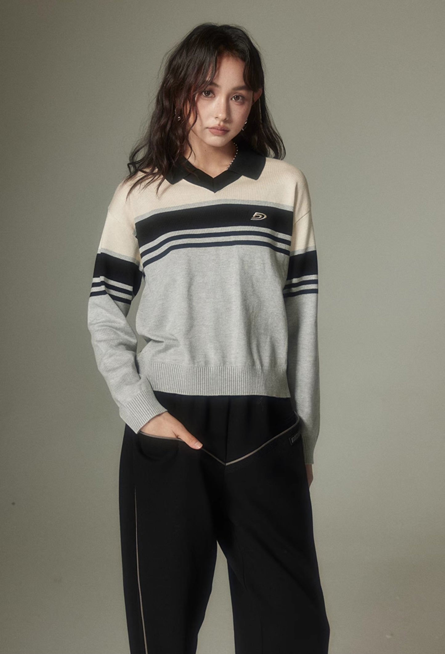 nu143 Polo collar retro striped sweater