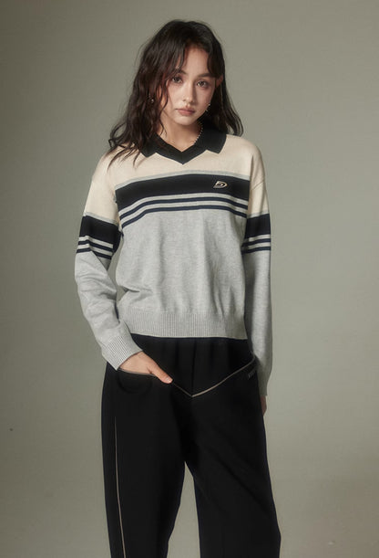 nu143 Polo collar retro striped sweater