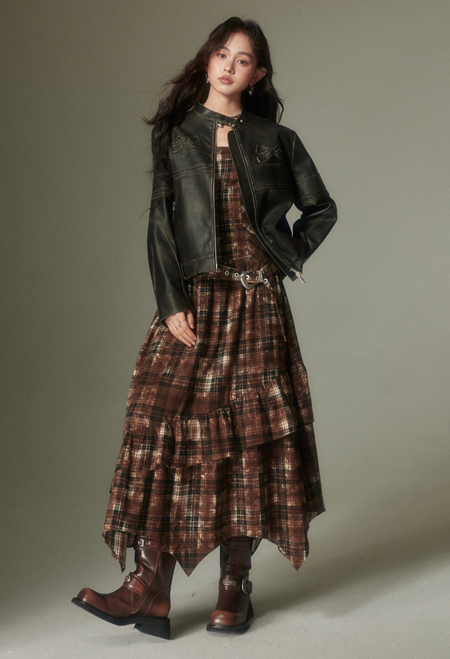 nu123 Maillard retro adjustable plaid dress