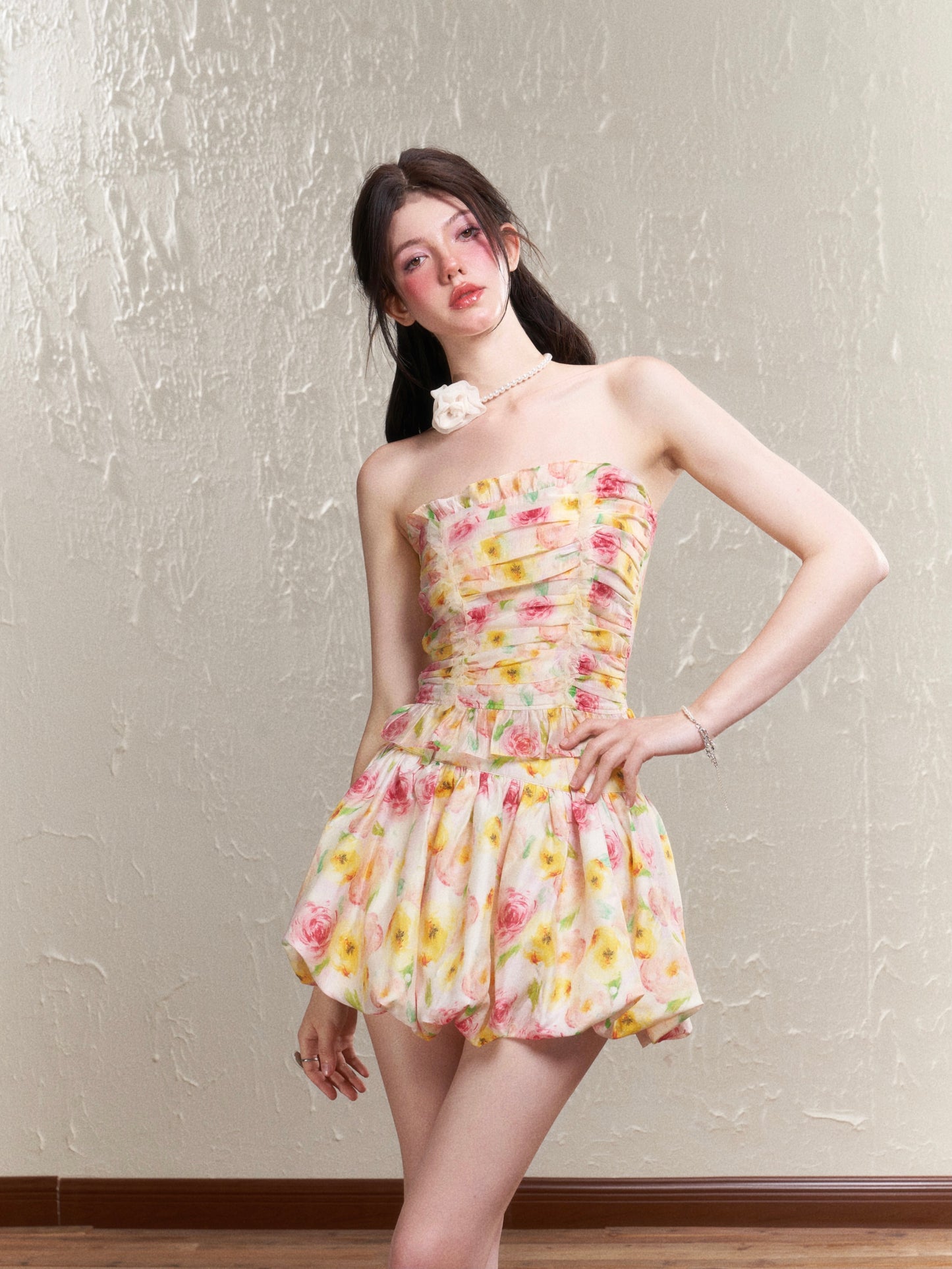 nu307 Flower Print Pleated Tube Top / Puff Skirt