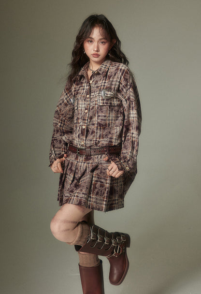 nu107 Maillard contrasting plaid shirt / Pleated skirt