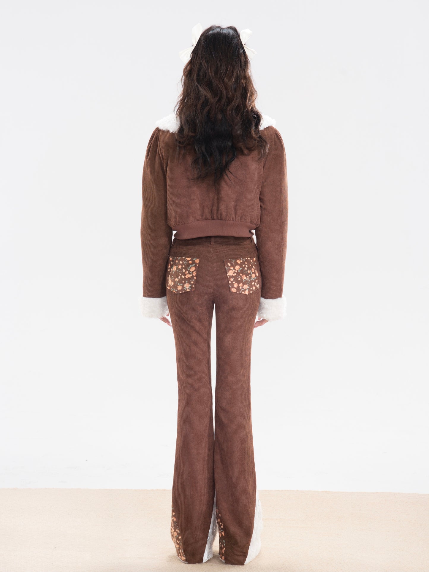 nu282 Corduroy floral patchwork fur coat / slimming bell bottoms