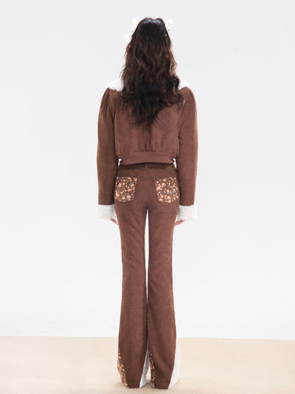 nu282 Corduroy floral patchwork fur coat / slimming bell bottoms