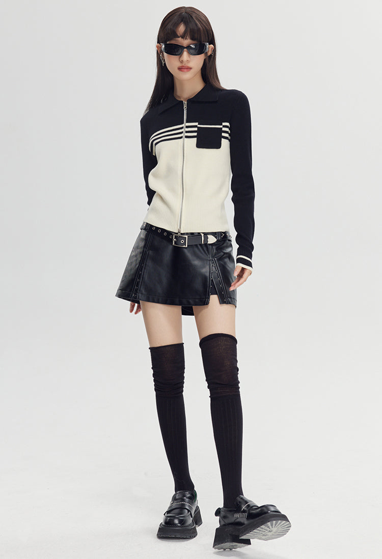 nu138 Contrasting color double zip sweater