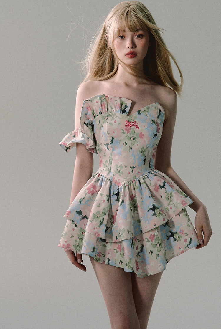 nu328 "If Flowers Weep" High-end Temperament Floral Short Dress