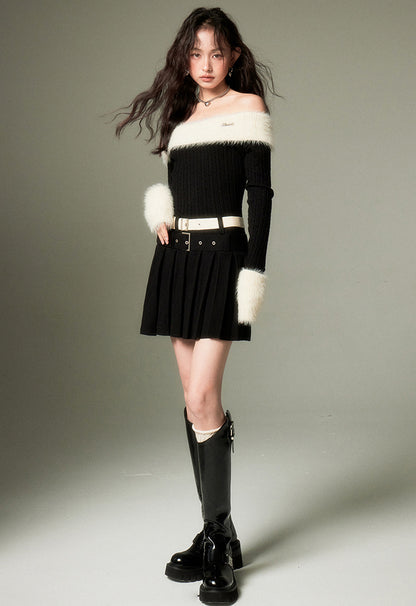 nu118 One-shoulder lapel sweater + double belt skirt