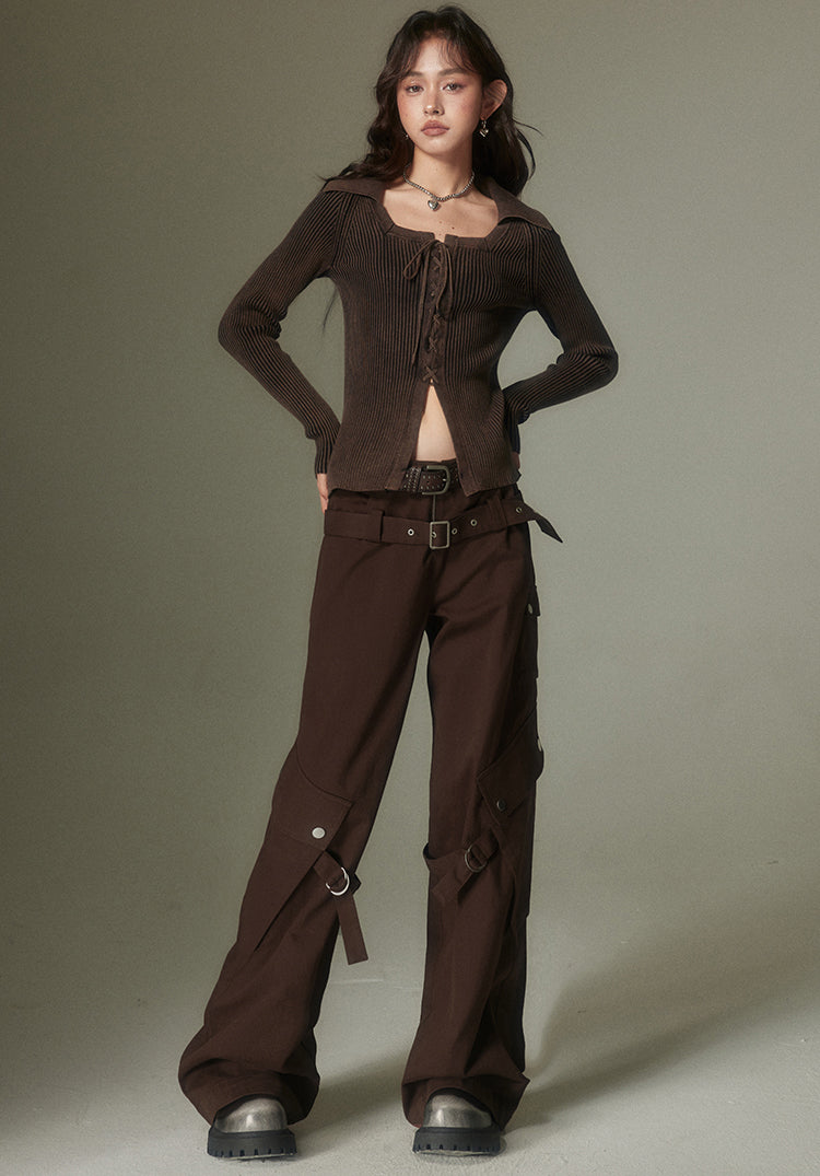 nu125 Double belt wide leg trousers