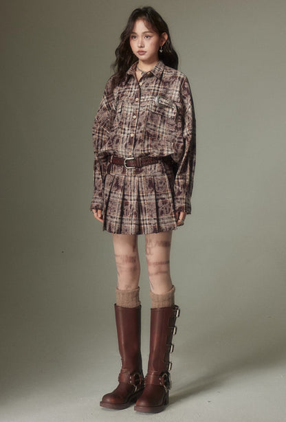 nu107 Maillard contrasting plaid shirt / Pleated skirt