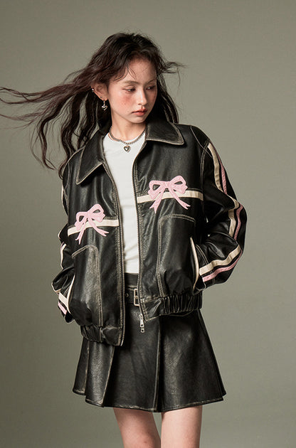 nu76 Bowknot Retro Leather Jacket