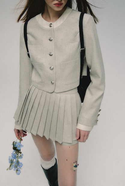 nu315 "Magnolia" classic round neck spring short jacket / pleated skirt