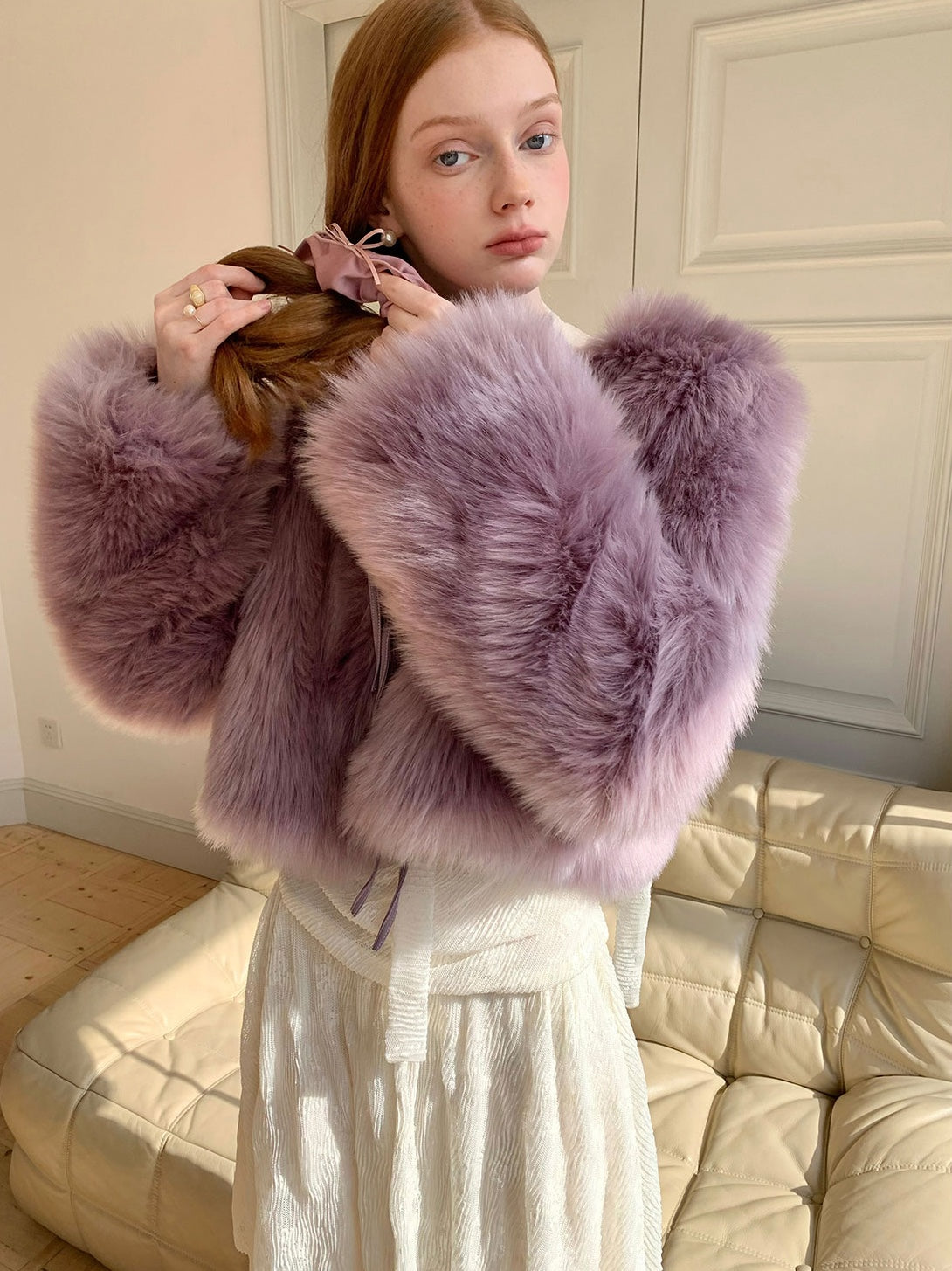 nu285 Cream purple leather bow fur coat