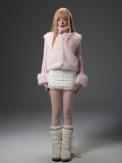 nu297 Pink knitted turtleneck detachable scarf fur vest jacket