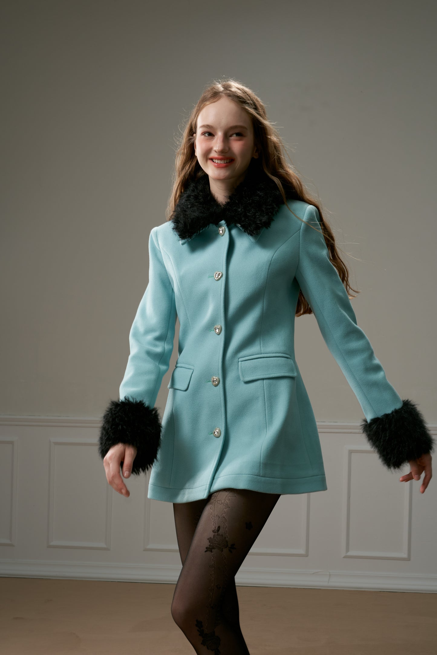 nu310 Retro girl waist stitching fur coat