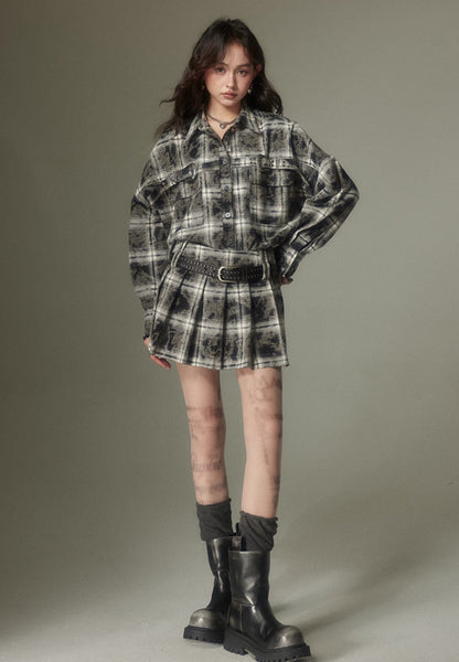 nu107 Maillard contrasting plaid shirt / Pleated skirt