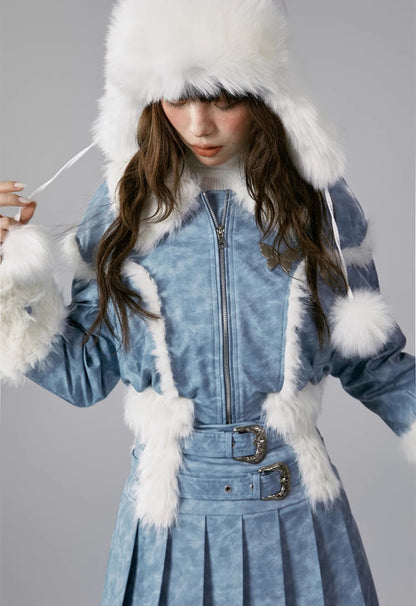 nu339 New style retro blue short coat + skirt two-piece set