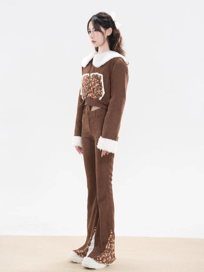 nu282 Corduroy floral patchwork fur coat / slimming bell bottoms