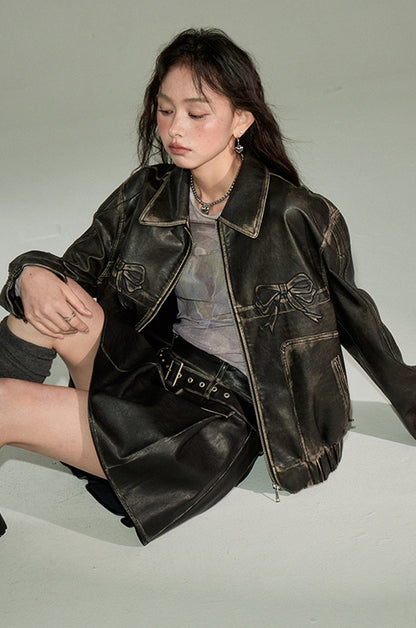 nu76 Bowknot Retro Leather Jacket