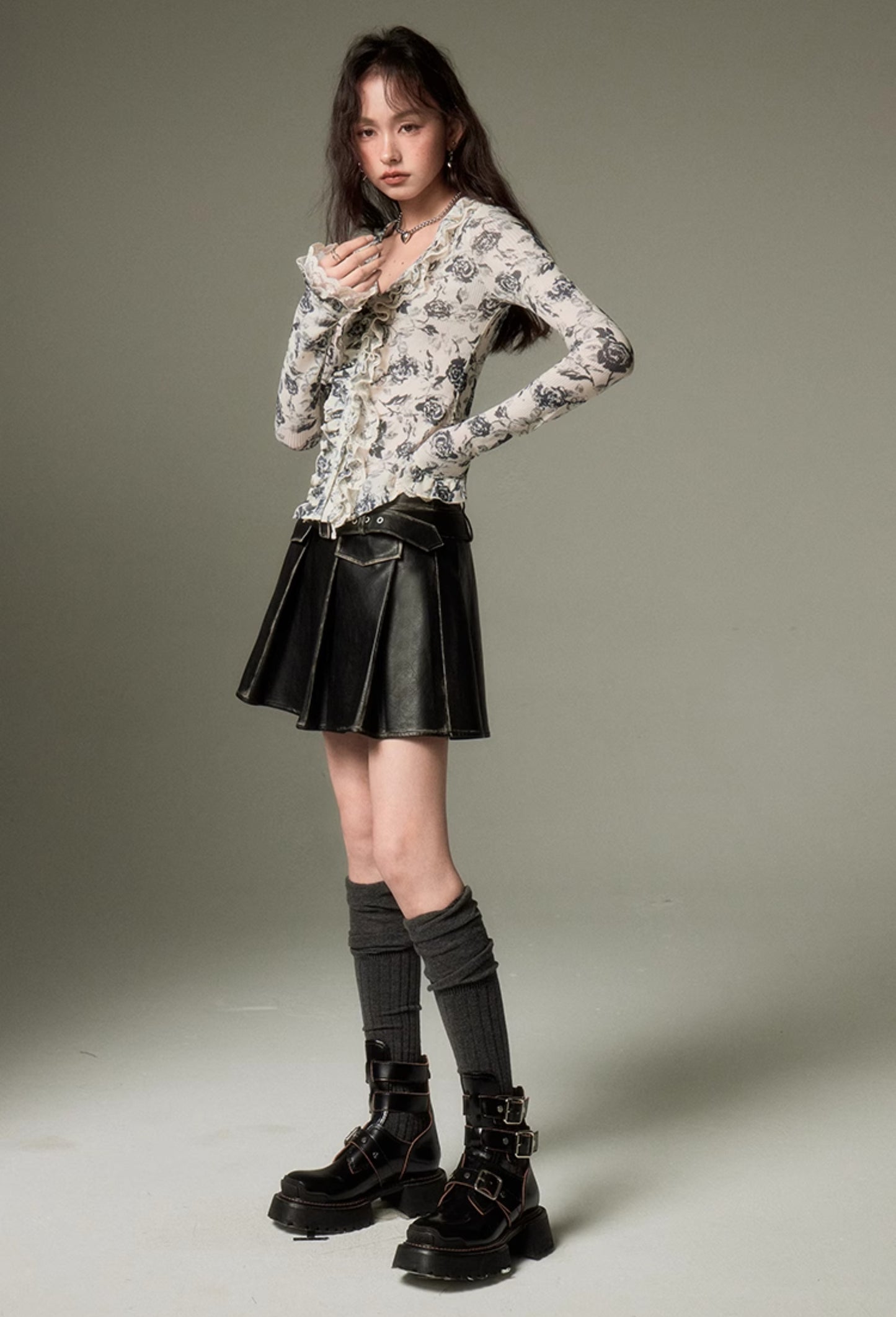 nu116 Floral lace long-sleeved shirt