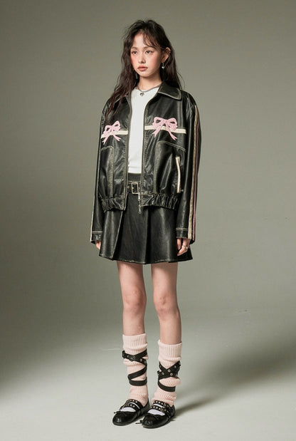 nu76 Bowknot Retro Leather Jacket