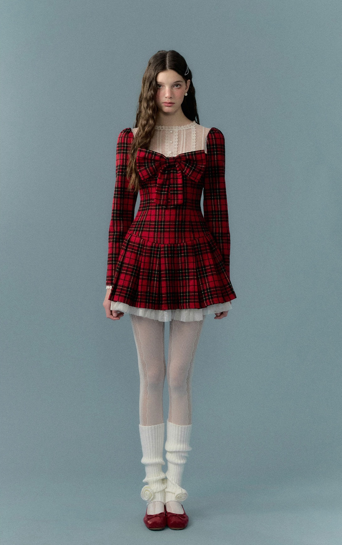 nu284 Christmas bow red lace patchwork plaid dress