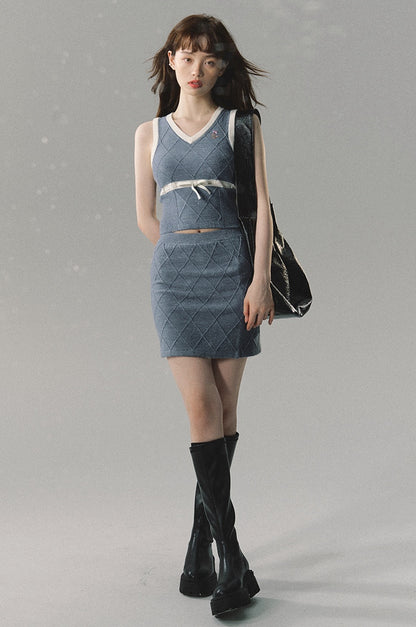 nu193 "Pine Echo" preppy embroidered vest + skirt