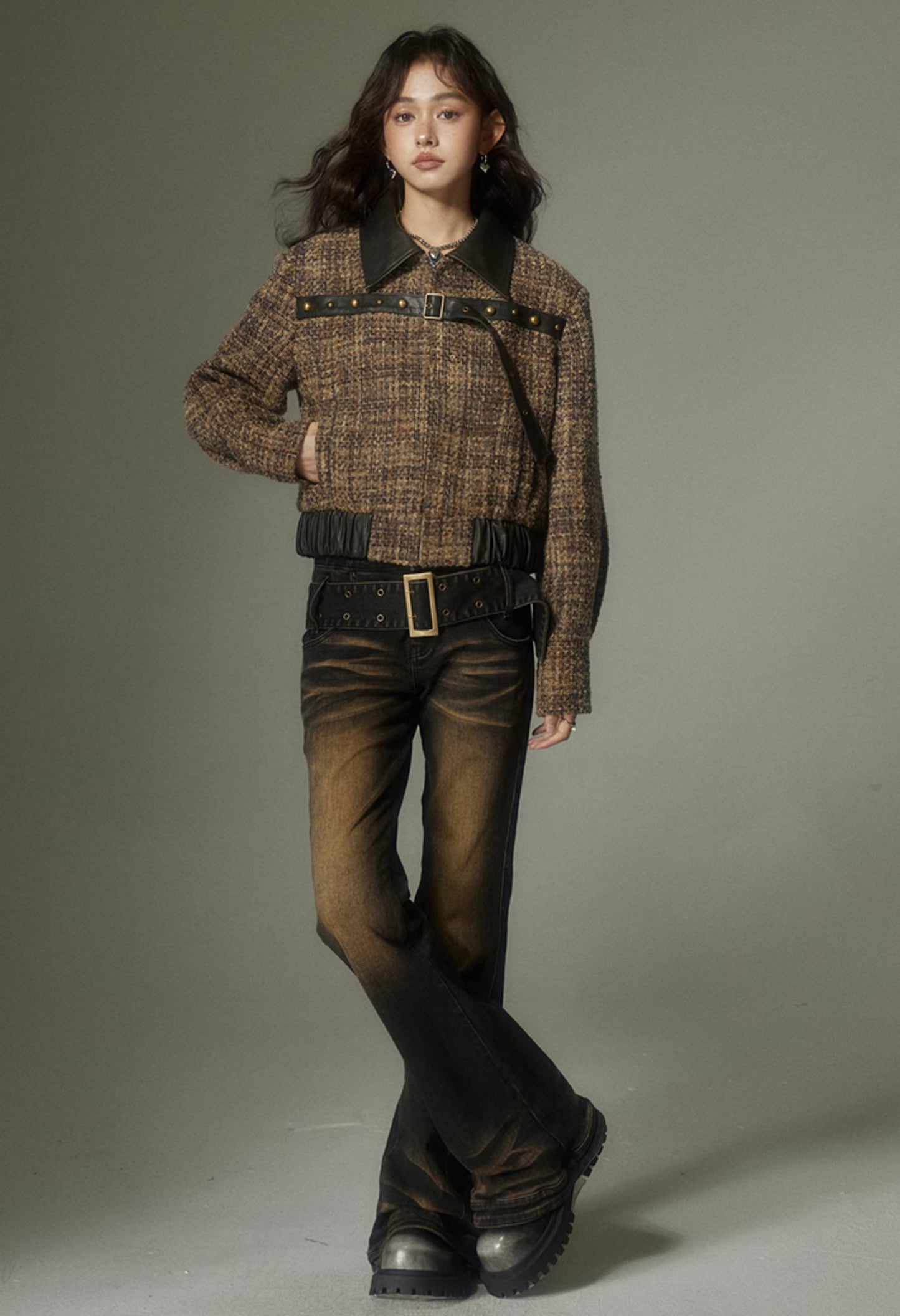 nu144 Brown plaid splicing leather jacket