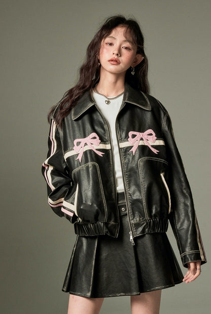 nu76 Bowknot Retro Leather Jacket