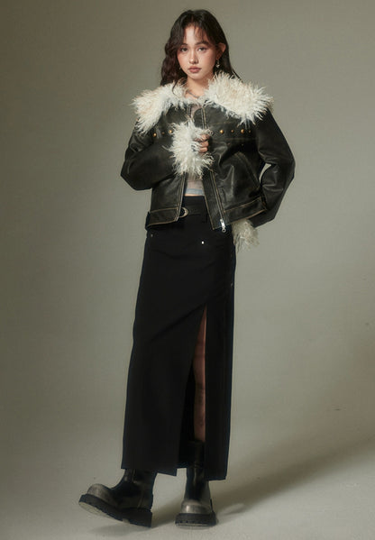 nu83 Fur Lapel Black Leather Jacket