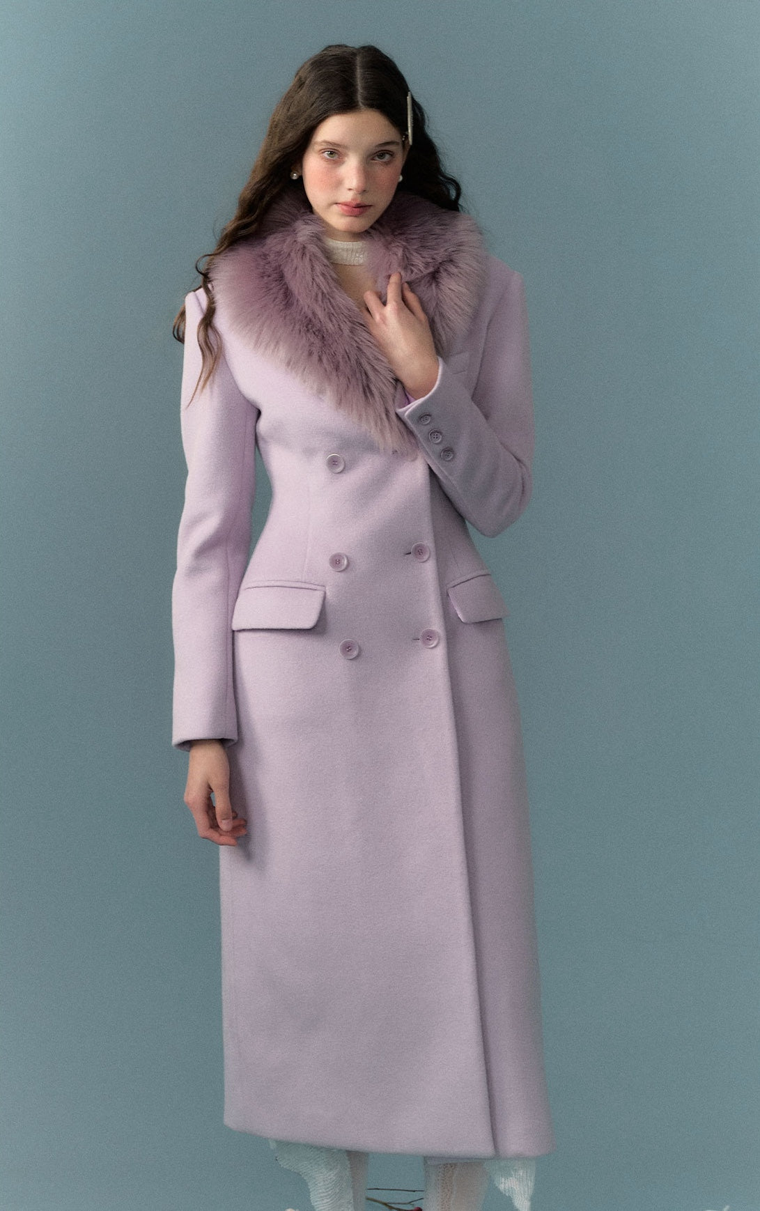 nu293 Taro milk purple double-breasted fur collar woolen coat