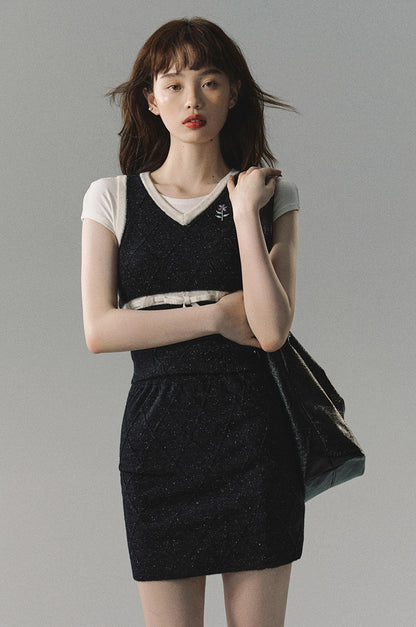 nu193 "Pine Echo" preppy embroidered vest + skirt