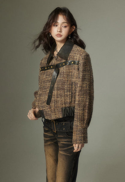 nu144 Brown plaid splicing leather jacket